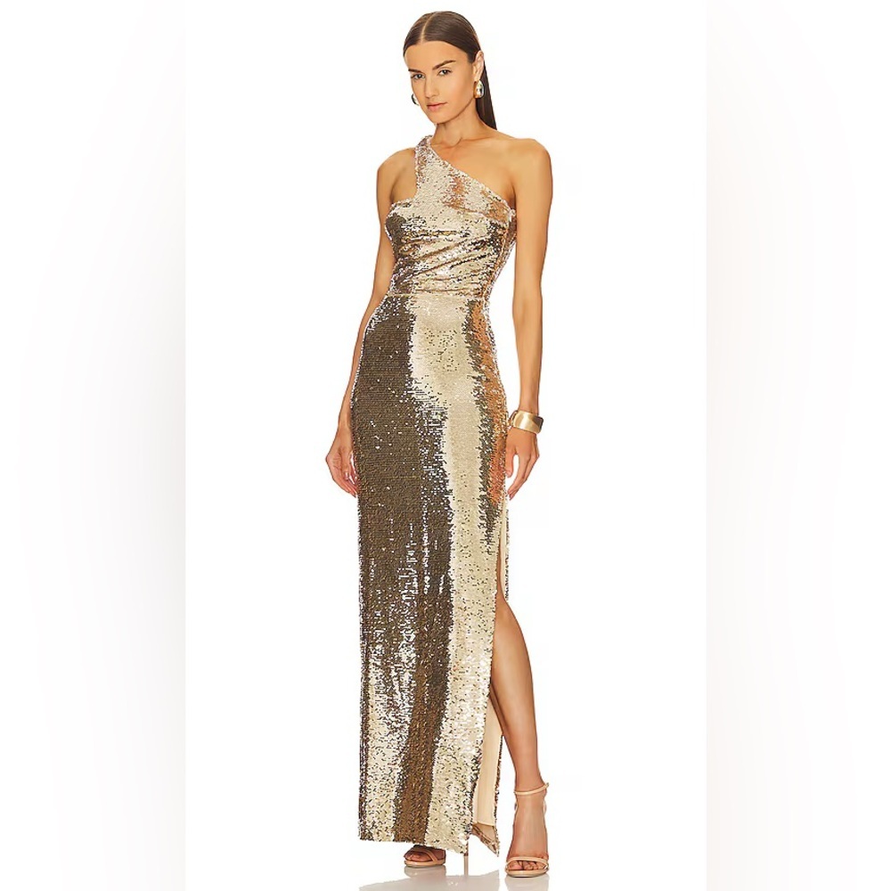 Amanda Uprichard Gold Sequin One Shoulder Cut-Out Maxi Dress NWT